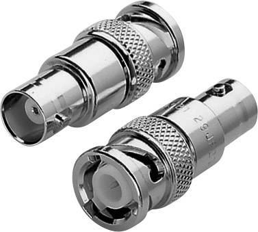 Two silver BNC connectors, one with a male end, the other with a female end, made of metal; used for coaxial cables.