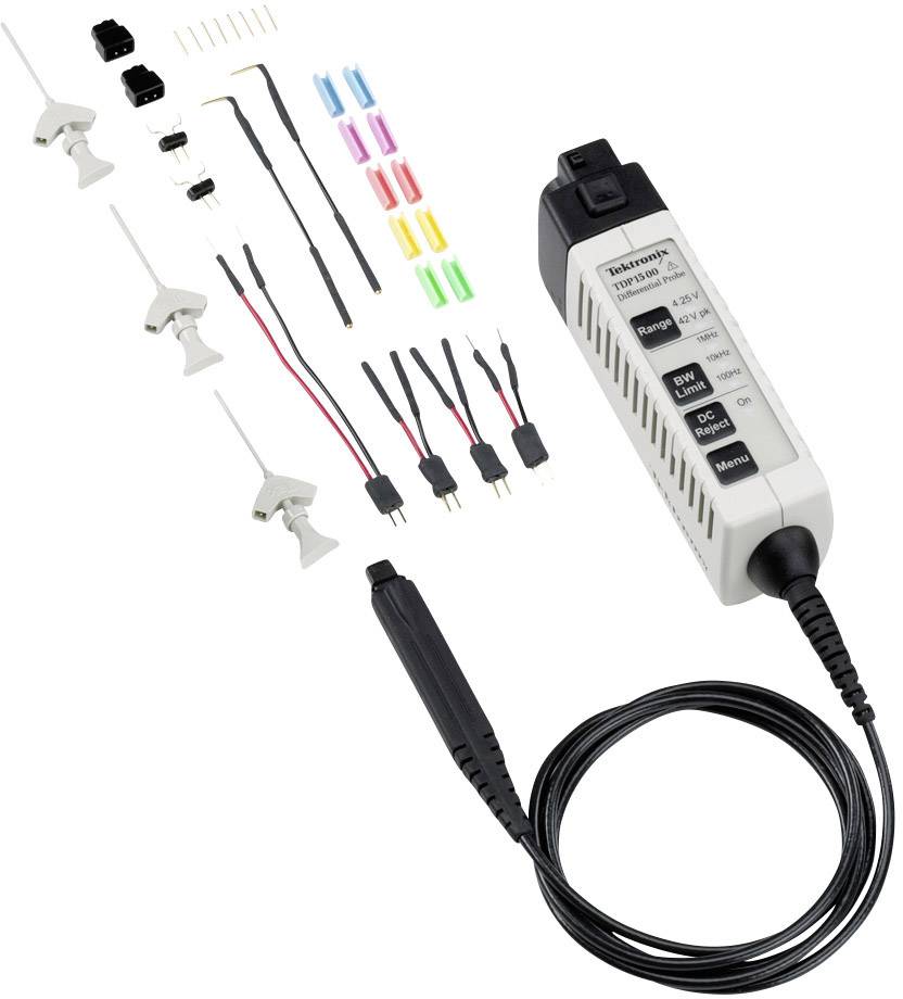 Oscilloscope probe set with various cables, connections, and colour-coded markings for precise electrical measurements.
