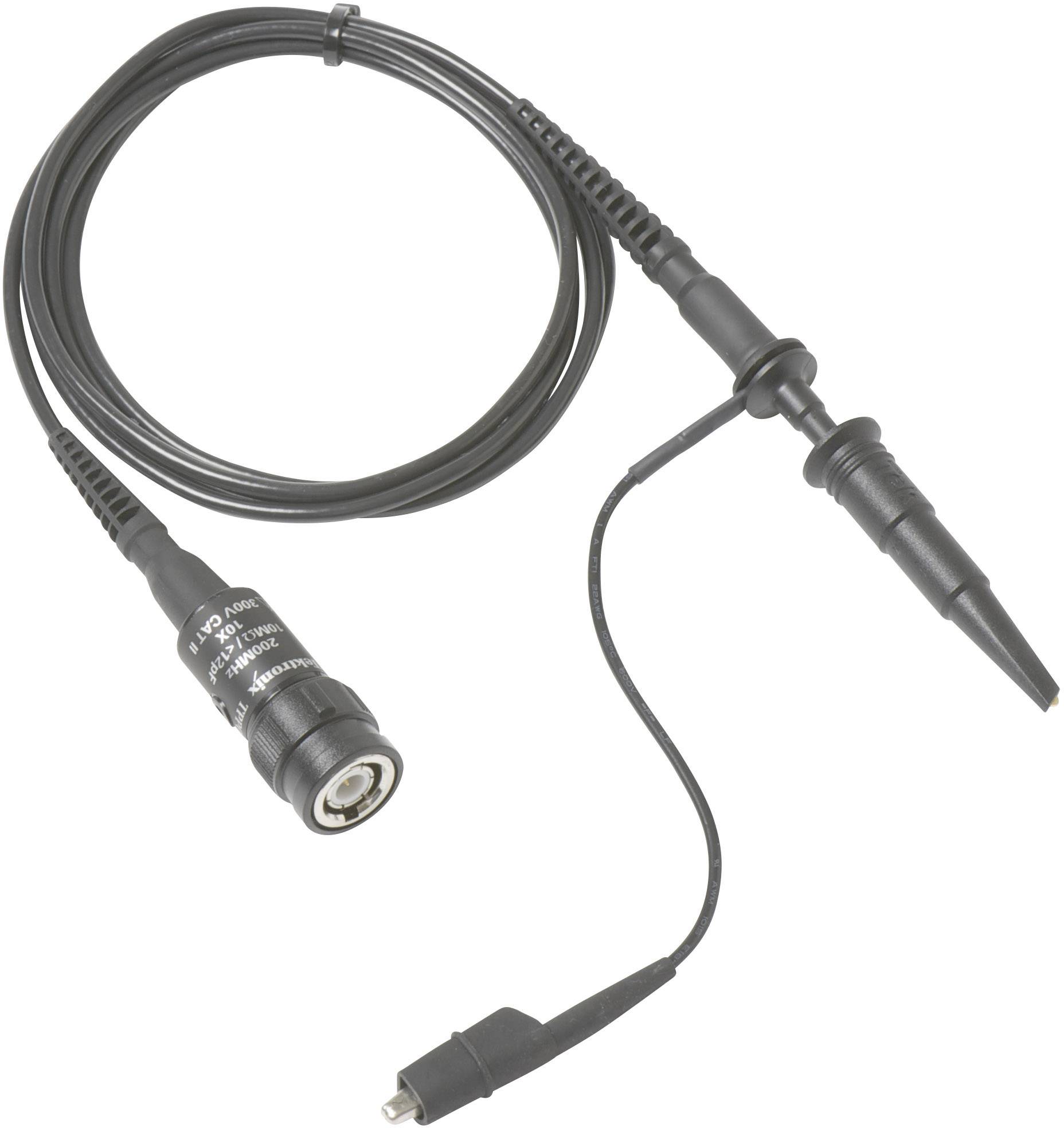 Oscilloscope probe with black cable and connectors, used for measuring electrical signals.