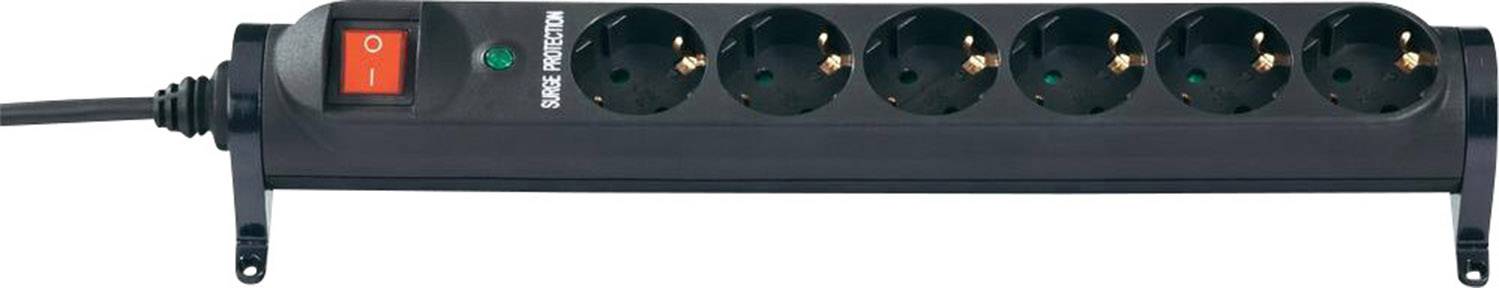 Black surge-protected power strip with six sockets and red master switch.