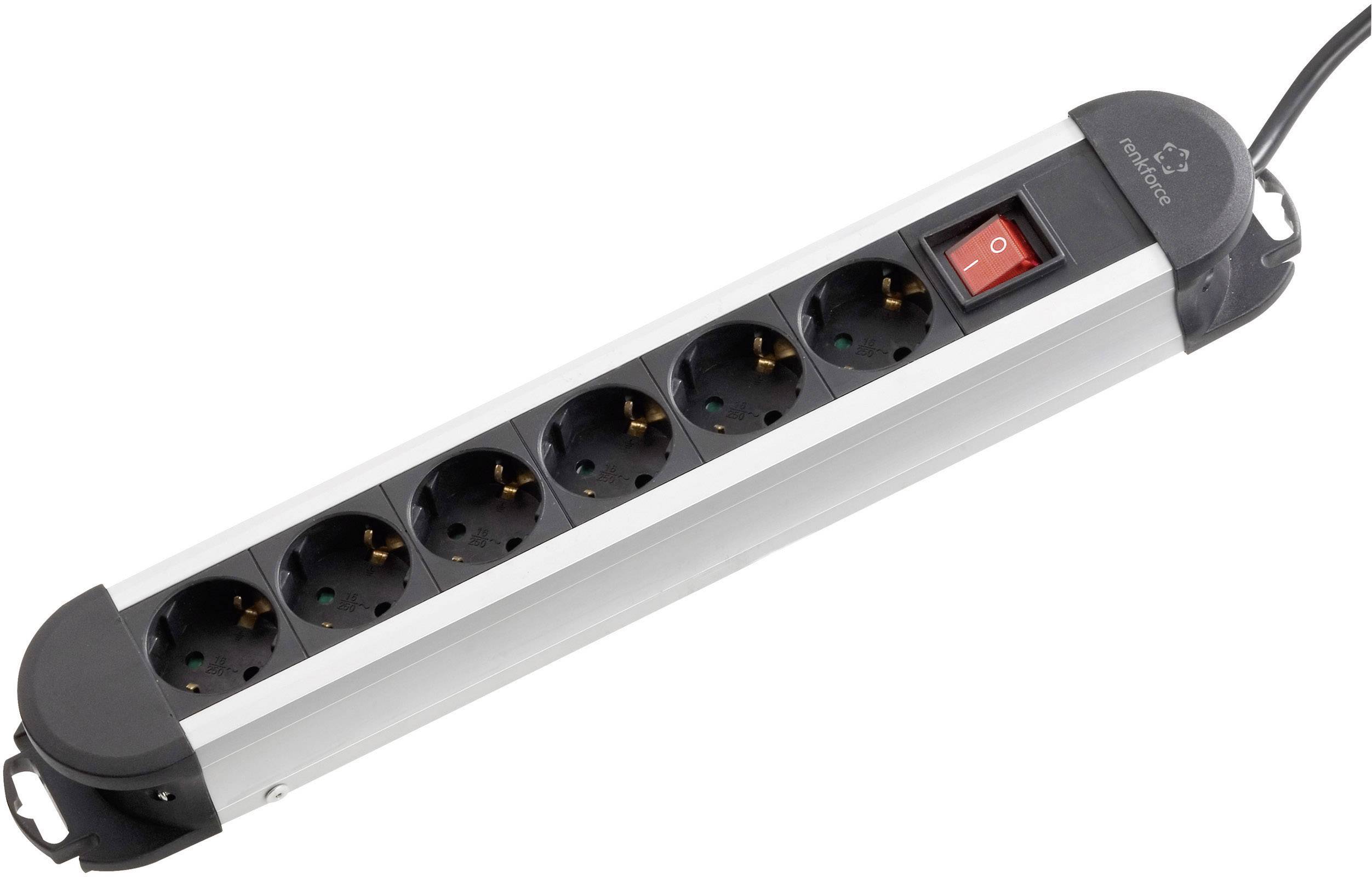 Six-socket power strip with aluminium housing, power switch and black cable, suitable for extending electrical connections.