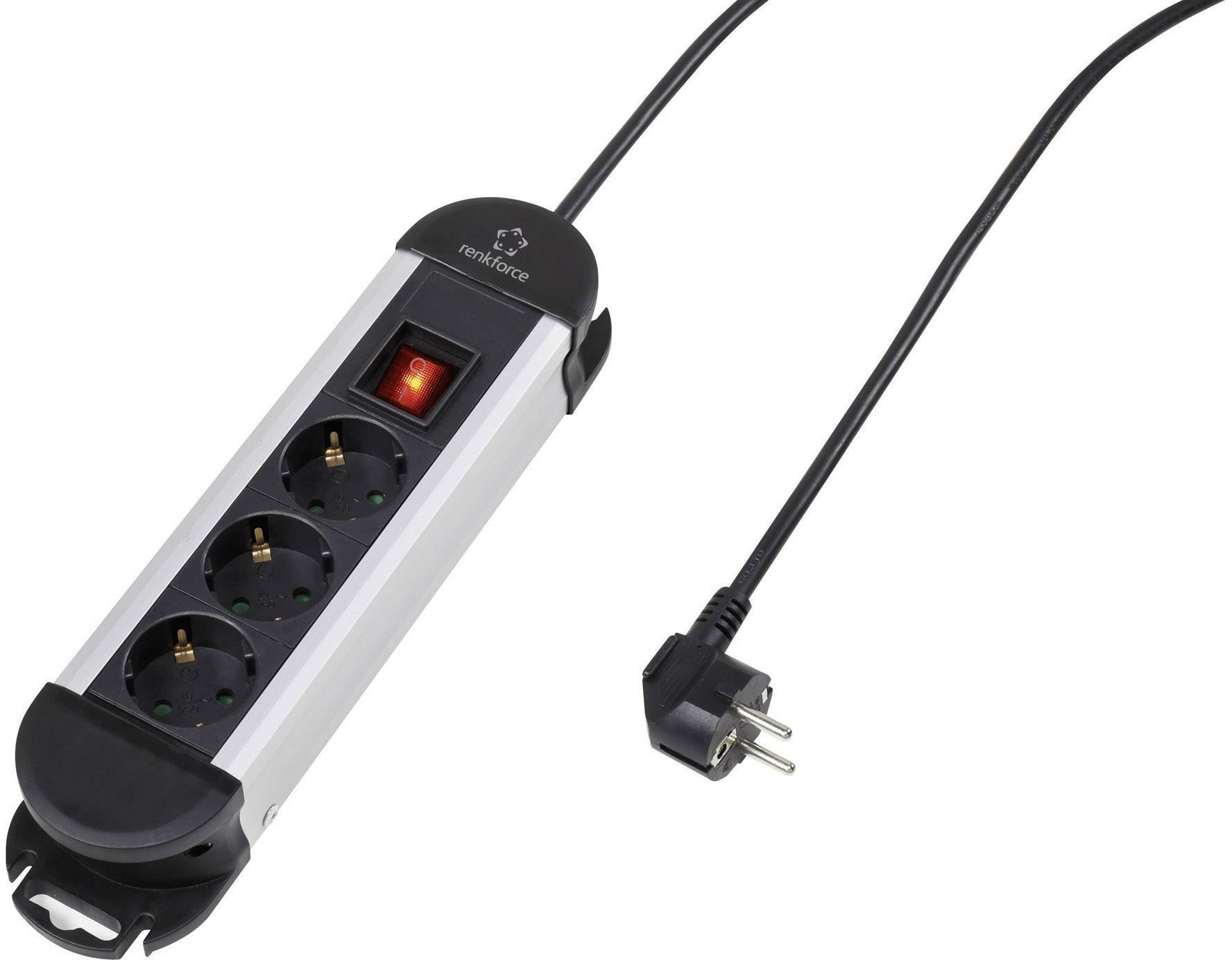 A black multi-socket extension with three Schuko power outlets and an illuminated on/off switch, connected to a cable.