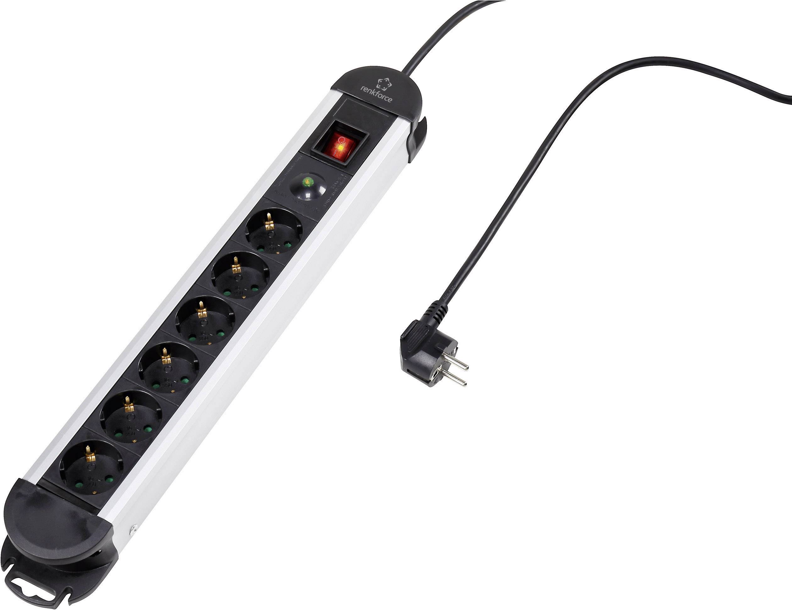 Six-way power strip with black casing and cable, switch located on the top, suitable for indoor use.