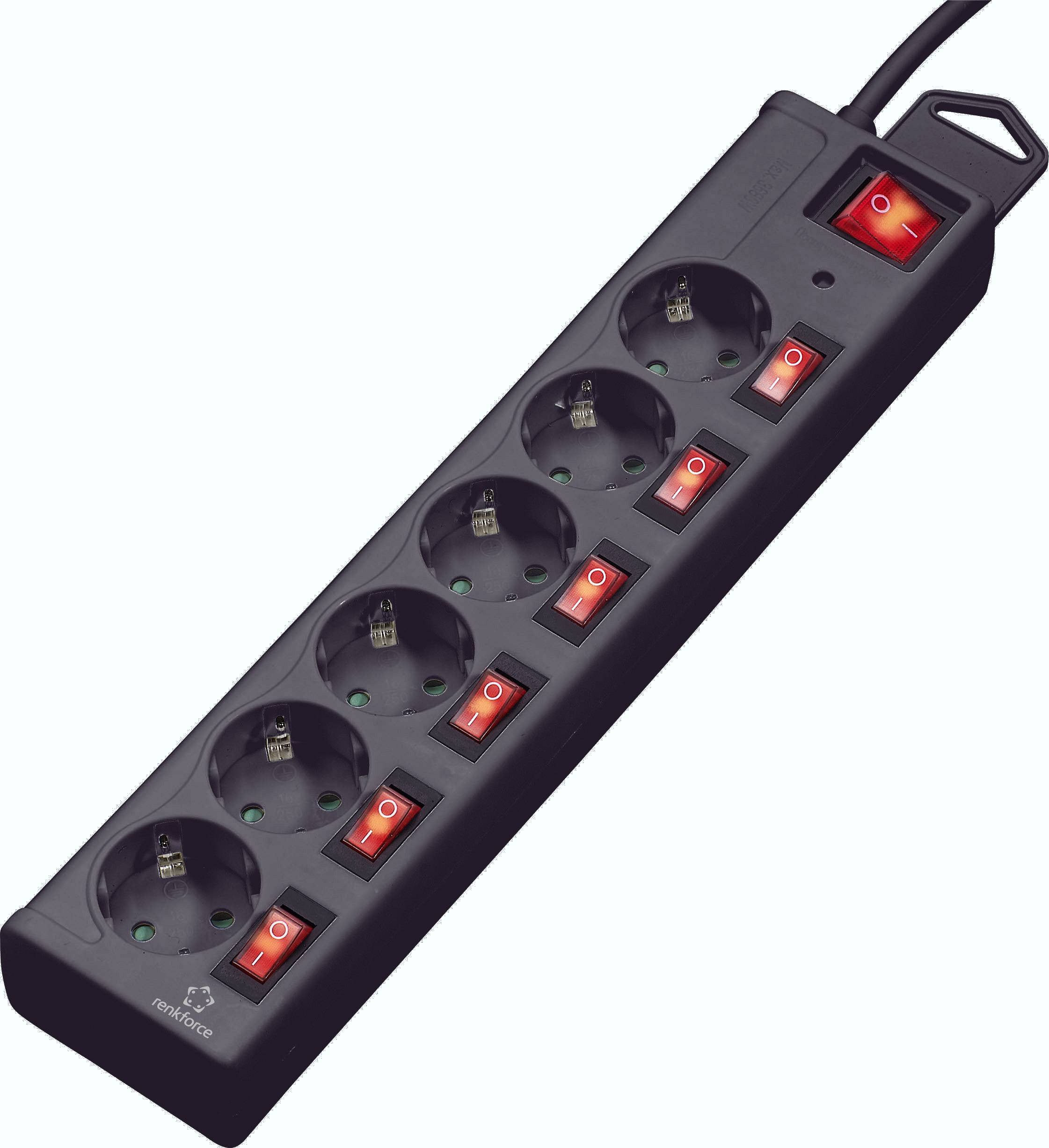 A black eight-socket power strip with individual red on/off switches, all switches currently switched on.