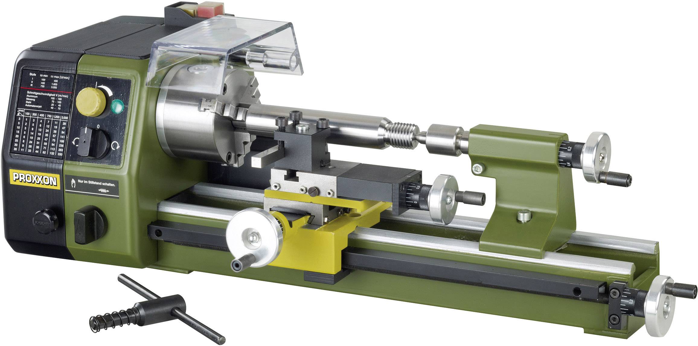 Small green precision lathe by Proxxon, suitable for precise machining of metal and plastic components.