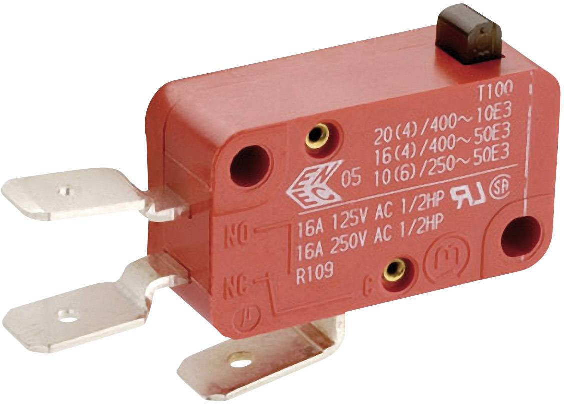 Red micro switch with metal contacts. Printing shows technical specifications: '20(4)/400~', '16A 125V/250V AC', additional details.