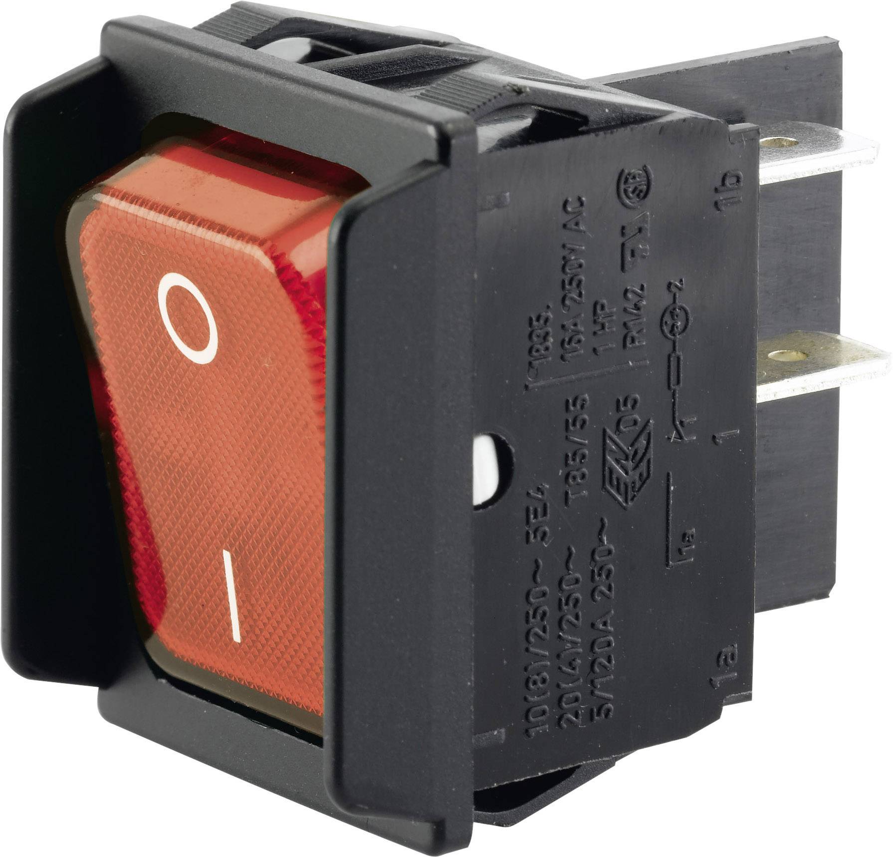 Red toggle switch with 'I' for On and 'O' for Off in a black housing. Electrical specifications are printed on the side.