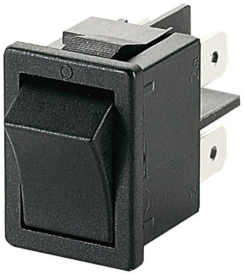 A black rocker switch with metal contacts, suitable for use in electrical devices to control on/off functions.
