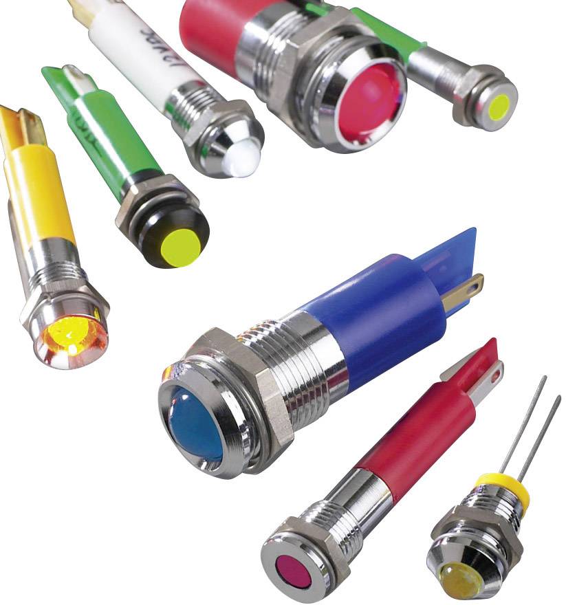 Several LED displays in various colours and form factors, suitable for different applications to visually indicate states.