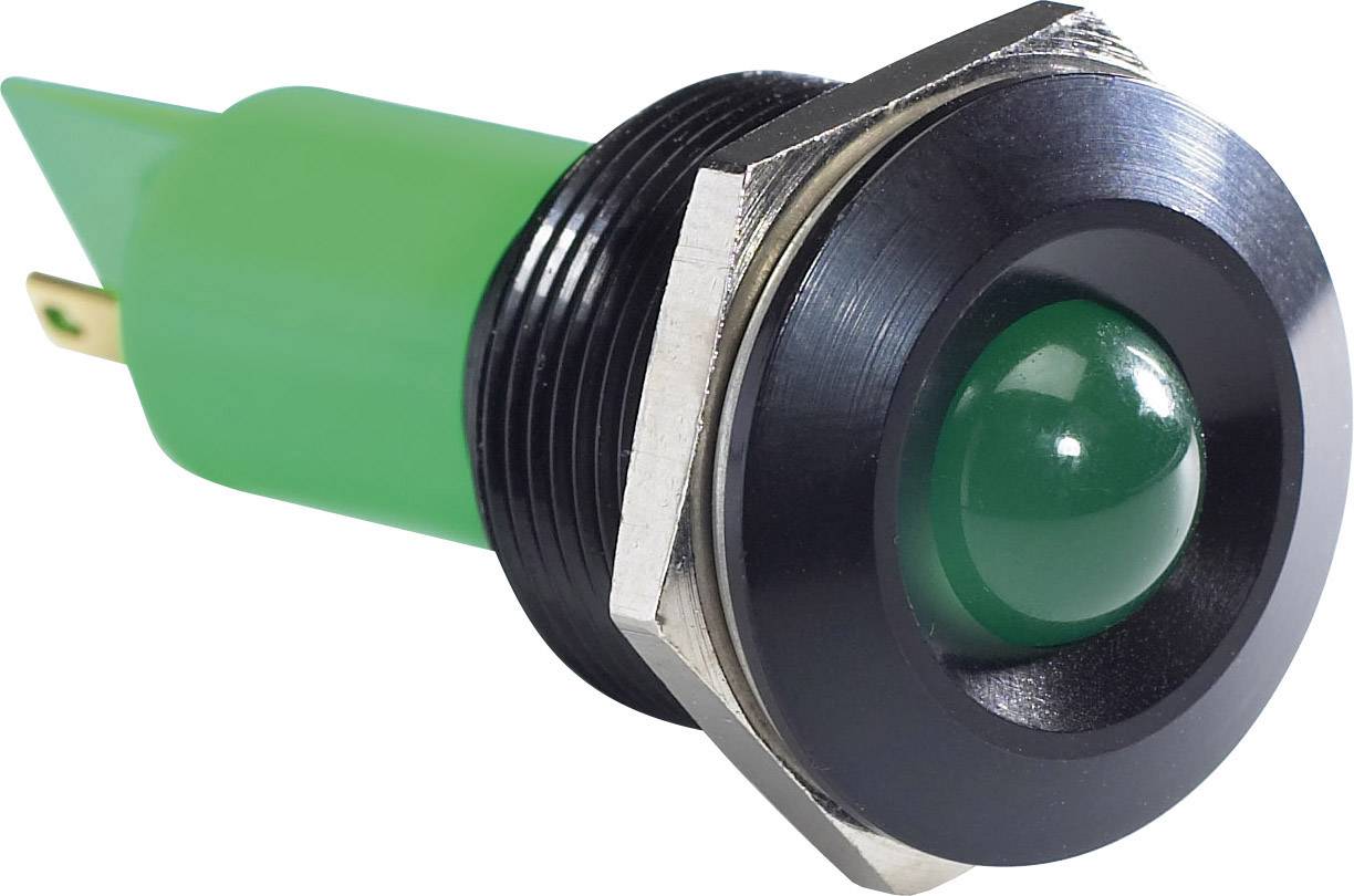Green push button with a round housing and metal mounting, side view. Electrical component for control or switching functions.