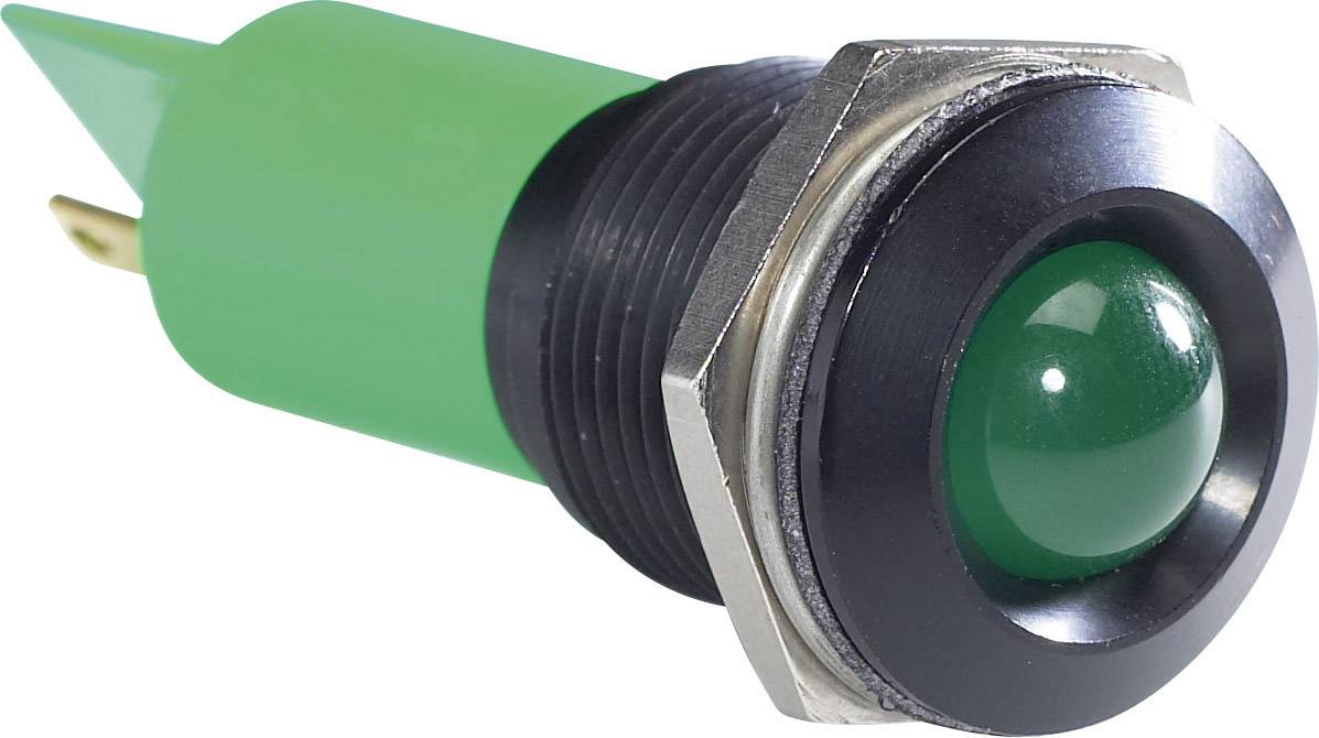 A green push button with a black frame and green housing, suitable for operating or controlling electronic devices.