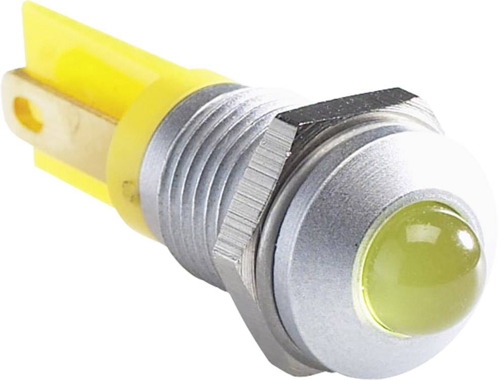 A round, yellow LED indicator with a metal housing, suitable for displaying operational status in electronic devices.