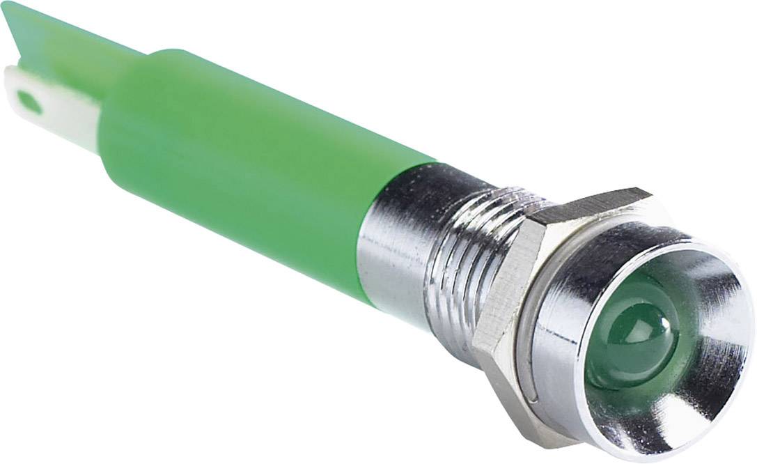 Green LED with metal housing, side view, used to indicate operational states in electronic devices.