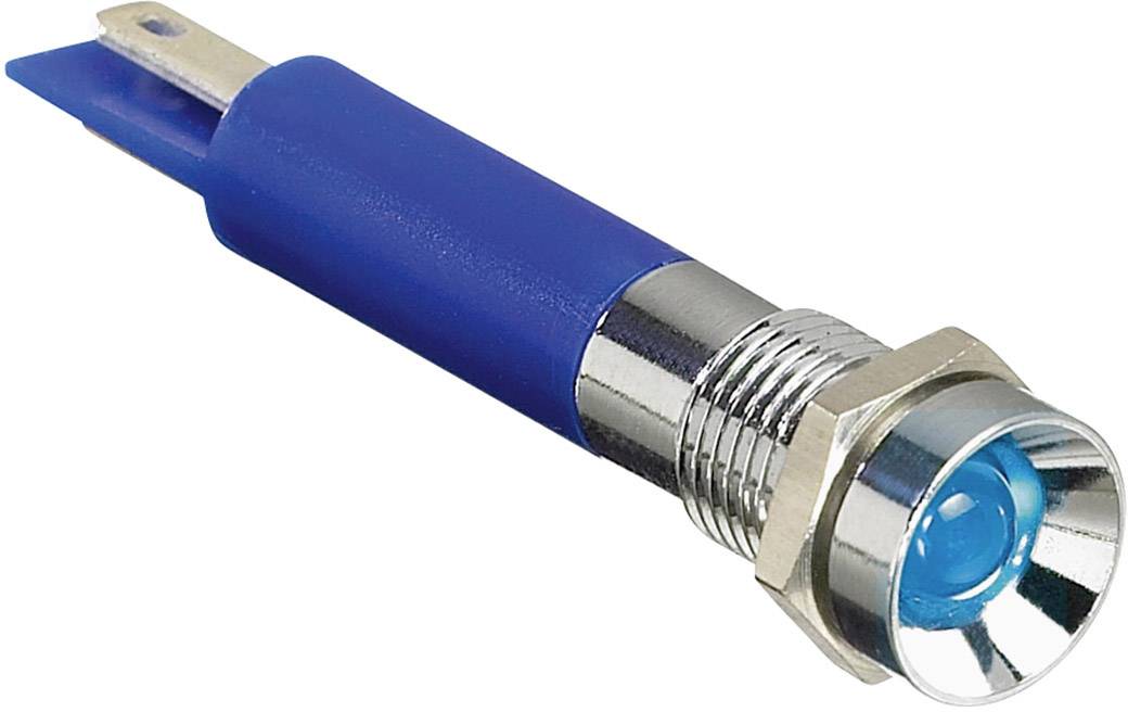 A blue LED indicator with a metal groove, suitable for displaying operational states. Suitable for installation in various electronic devices.