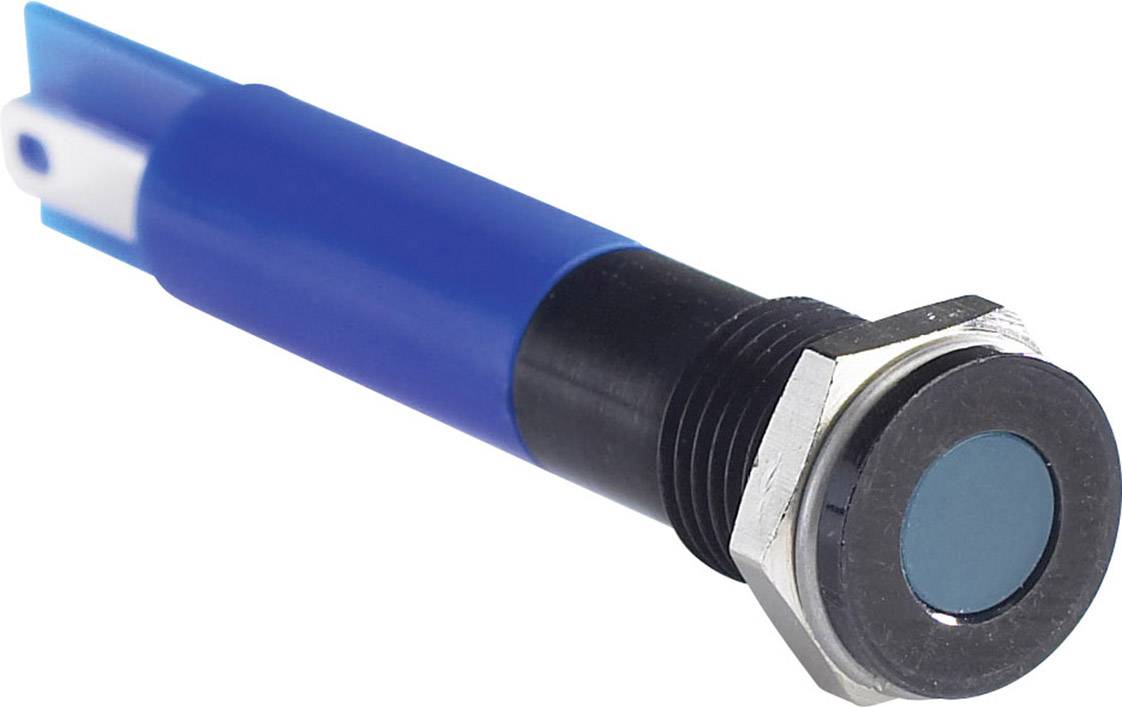 Blue push button with a round, black button and metal thread, used for control devices or control panels.