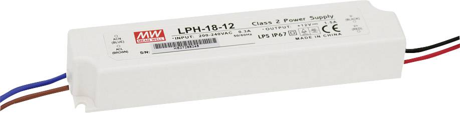 A rectangular Mean Well LED power supply, model 'LPH-18-12', with technical specifications and certification logos on the label.