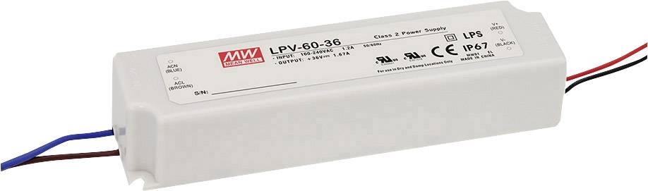 A rectangular white power supply with the model designation 'LPV-60-36' by Mean Well. Suitable for LED applications, IP67 certified.