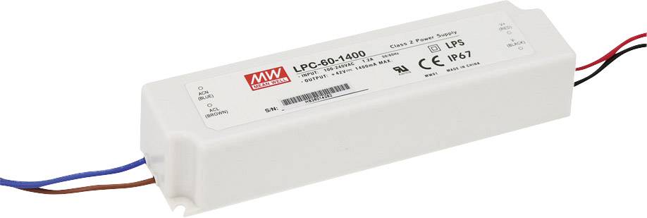A rectangular, white power supply unit with the inscription 'LPC-60-1400', by Mean Well, IP67 certified, with blue and red cables.