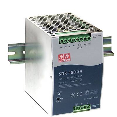 A switched-mode power supply marked 'Mean Well SDR-480-24', 480W, output 24V/20A. Mounted on a metal rail.