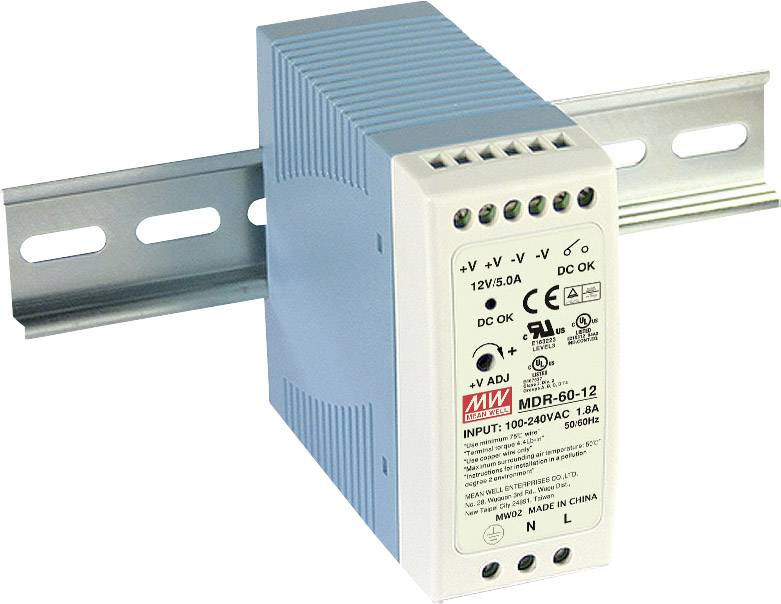 'Mean Well' power supply MDR-60-12 mounted on DIN rail, provides a DC output of 12V/5A with an input voltage of 100-240VAC.