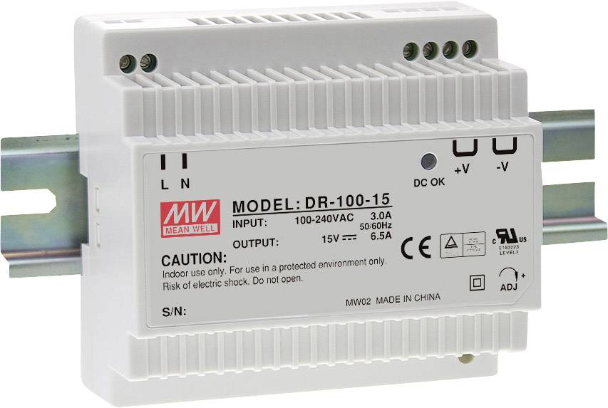 Mean Well DR-100-15 Rail mounted PSU (DIN) 15 V DC 6.5 A 97 W 1 x