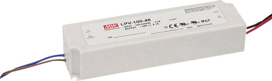 A rectangular LED driver with a white enclosure, model 'LPV-100-48'. Shows power specifications and test markings on the top surface.