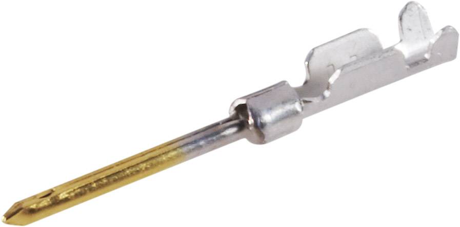 A gold-plated pin connector with a rectangular interface, commonly used in electronic connections.