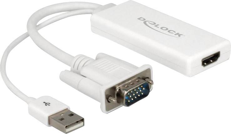 A white USB to VGA and HDMI adapter, used for connecting computers to screens or projectors.