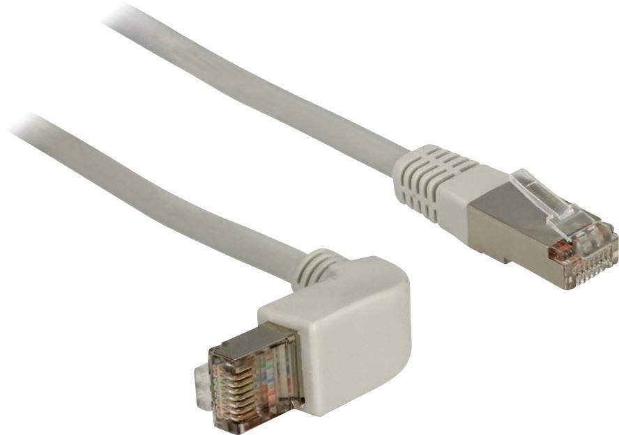 A grey Ethernet cable with an angled connector and a straight connector, suitable for network connections.