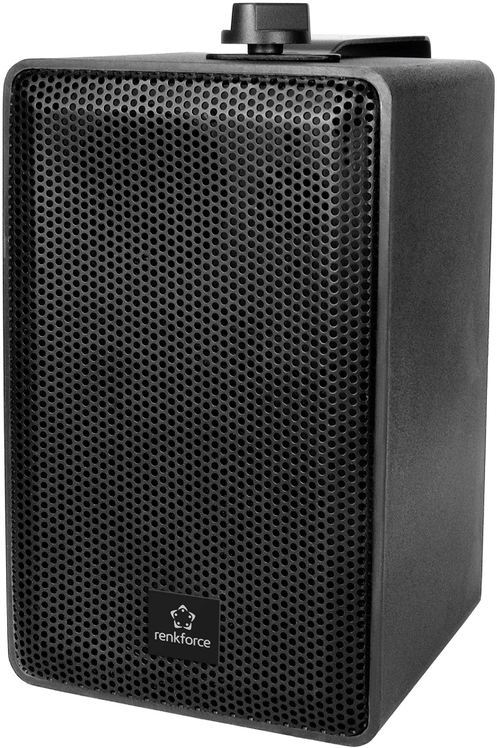 Black compact speaker with metal grille front and logo at the bottom.