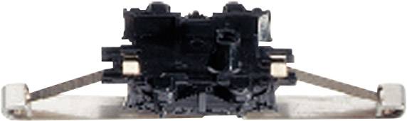 A black electromechanical switch with two external metal arms. Main component of a microswitch.