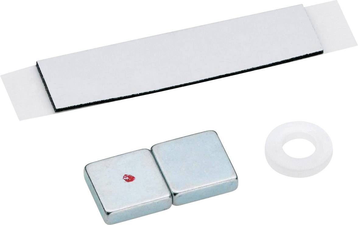 Two square silver magnets, a white plastic ring and a rectangular, two-layered adhesive tape.