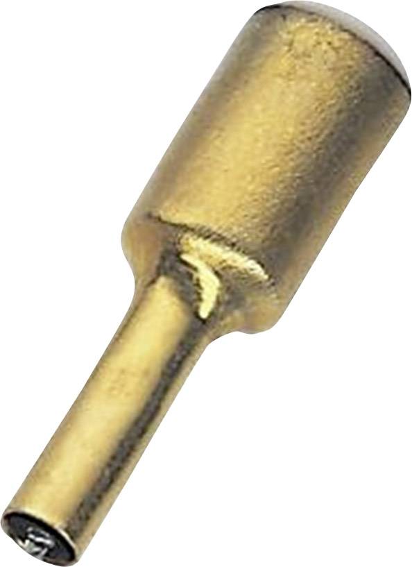 A golden banana plug for audio equipment, cylindrical with a narrow shaft and broad head, for electrical connections.