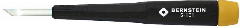 Plastic screwdriver with a black handle and yellow tip, side view, with company print 'Bernstein 2-101'.