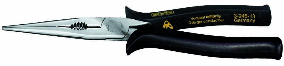 A black flat-nosed pliers with insulated handles, manufactured in Germany, with a warning: 'Caution! Live wire. Danger conductive.'