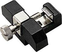 A vice with a black housing, silver screw and jaw plates for securing small workpieces.
