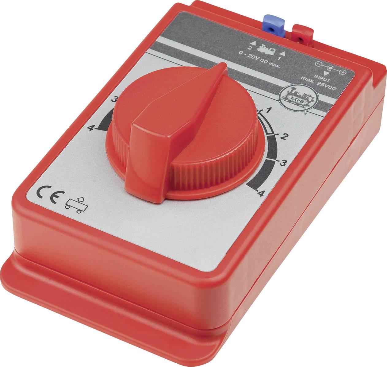 Red multimeter with rotary switch and scales, suitable for voltage measurements from 0 to 250 volts. CE marking visible.