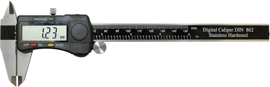 Digital calliper displays a measurement of 1.23 mm. Markings in mm and inches.