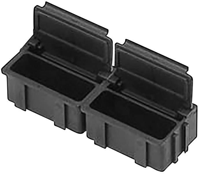 Black, rectangular plastic box with two adjacent compartments and hinged lids.