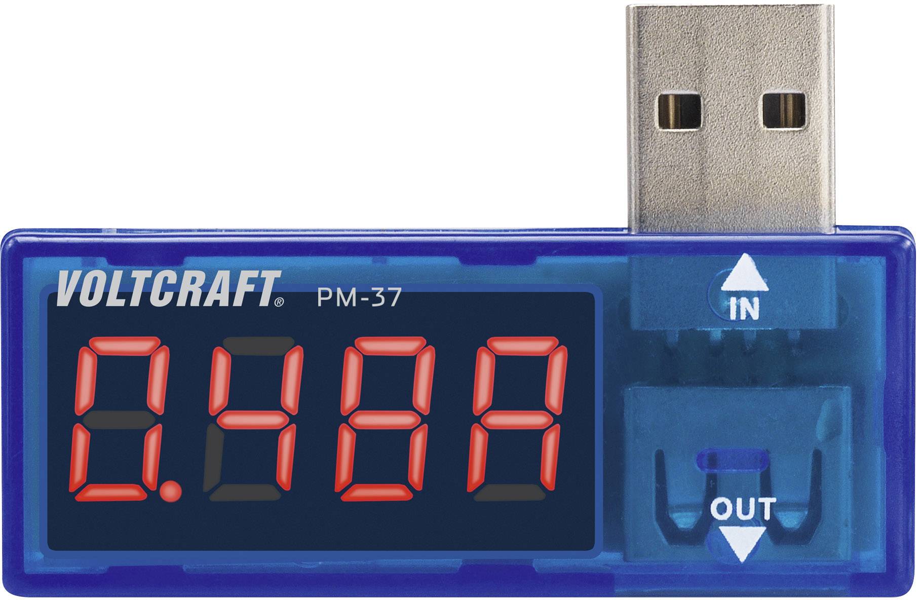 USB power and voltage measuring device with digital display showing '0.48A'. Connections marked with 'IN' and 'OUT'.