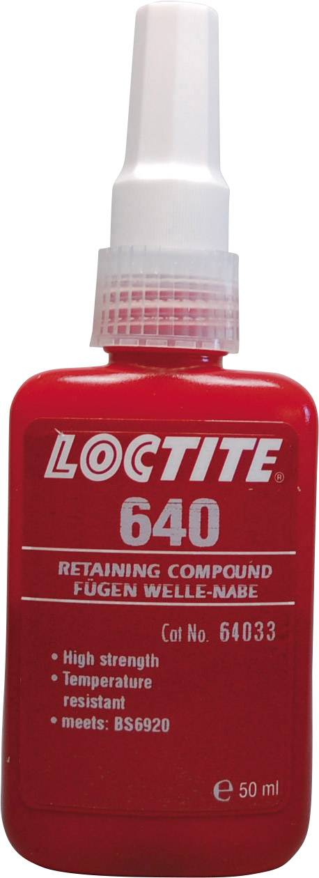 Red Bottle Loctite 640, an adhesive for shaft and hub connections, 50 ml, high strength, temperature resistant, complies with BS6920.
