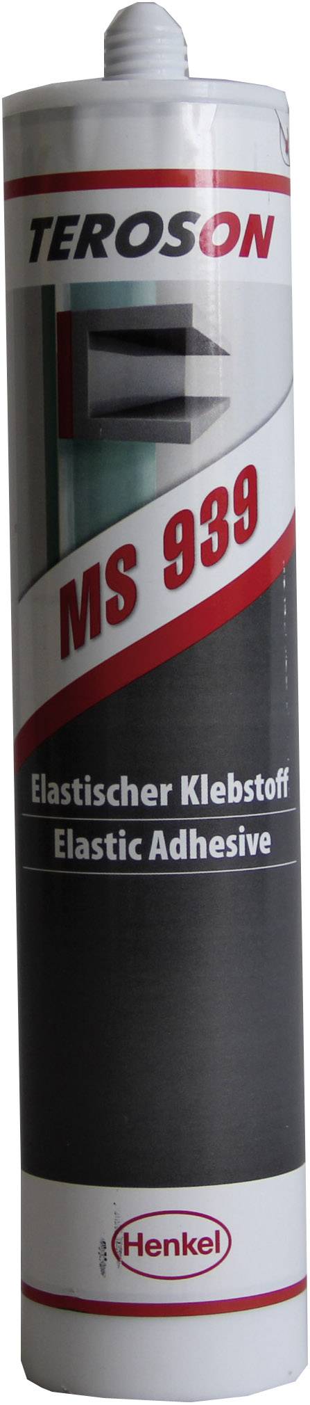 Cartridge of elastic adhesive, TEROSON MS 939 brand, Henkel logo visible, for applications requiring flexible bonding.