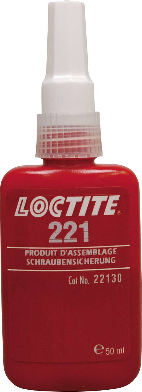 'Loctite 221' Thread Locking Adhesive, 50 ml bottle, red label. Used for small threaded fasteners; prevents loosening due to vibration.