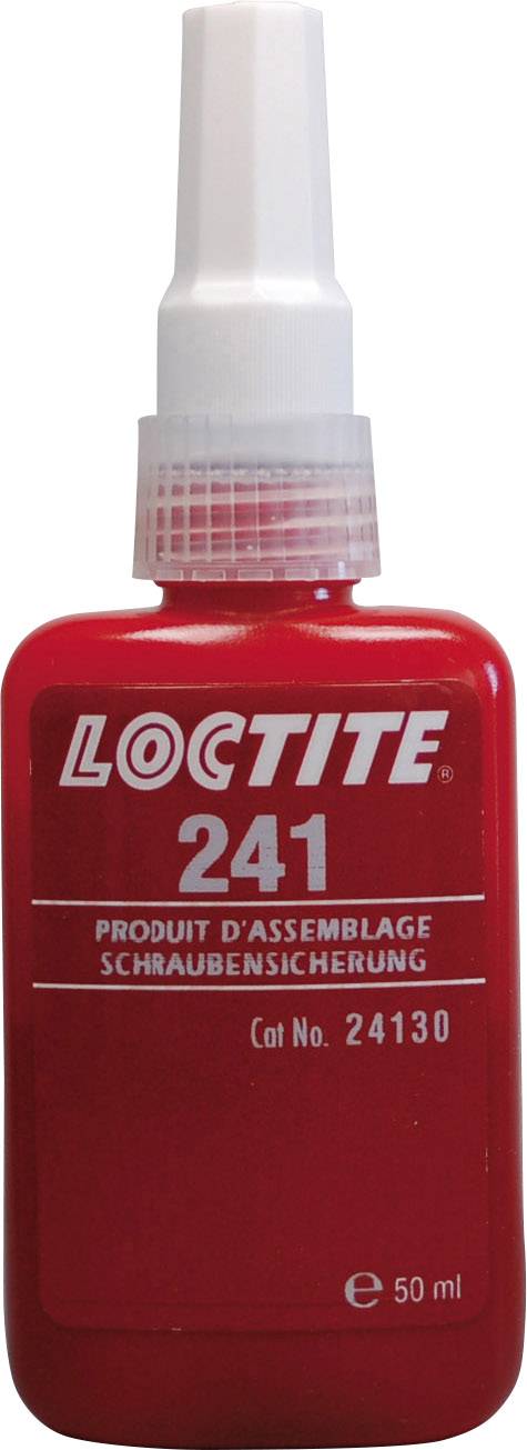 A red bottle of Loctite 241 thread lock, 50 ml, with a white cap, labelled in multiple languages.