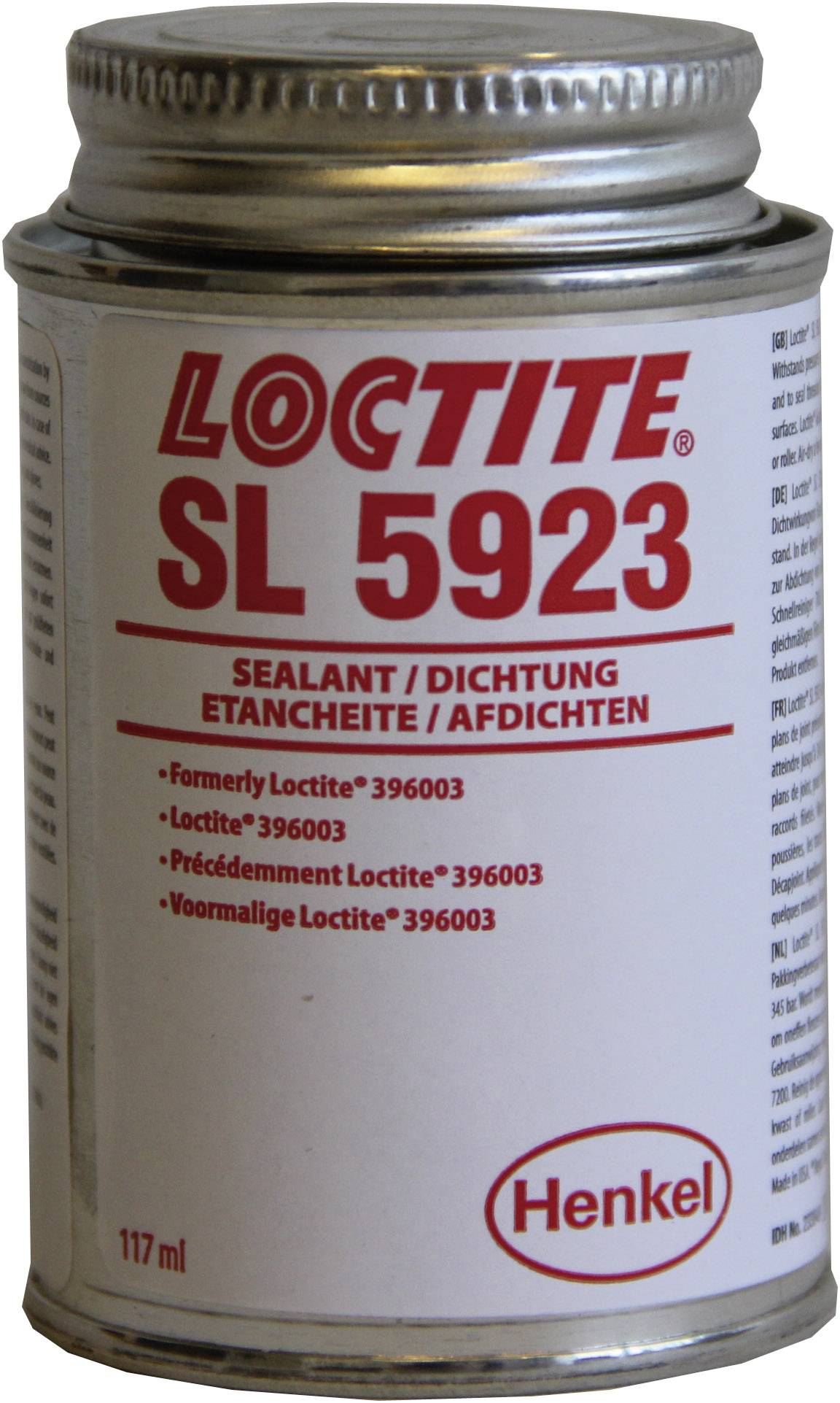 A metal container with a red printed label 'LOCTITE SL 5923'. Underneath it reads 'Sealant/Dichtung Etanchéité/Afdichten'. Volume: 117 ml.