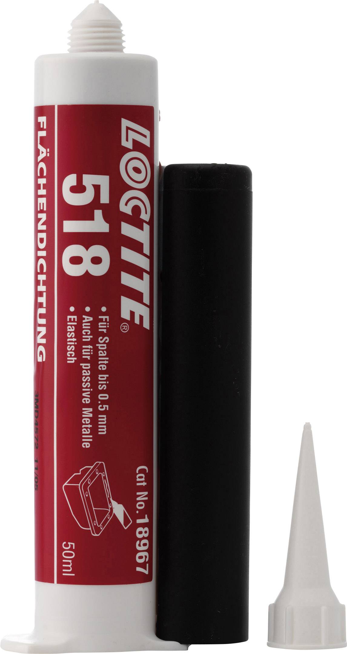 A red tube of sealant with the inscription 'Loctite 518', alongside a black cap and a white nozzle.