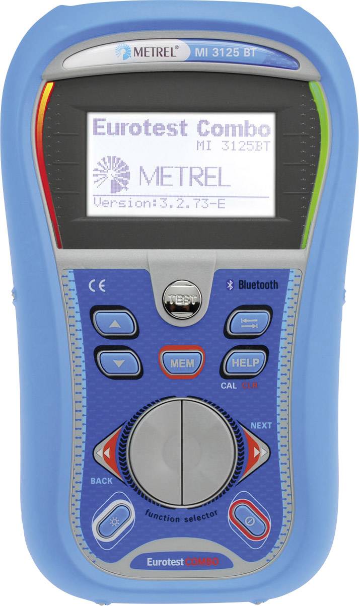 A blue handheld device from METREL for electrical tests, Model MI 3125 BT, with a screen, several buttons and a rotary dial on the front.