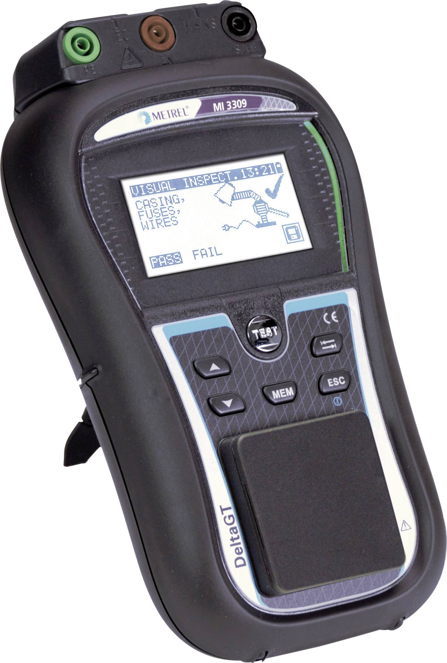 A portable testing device displays the results of an electrical test with 'Pass' and 'Fail' options on the display.