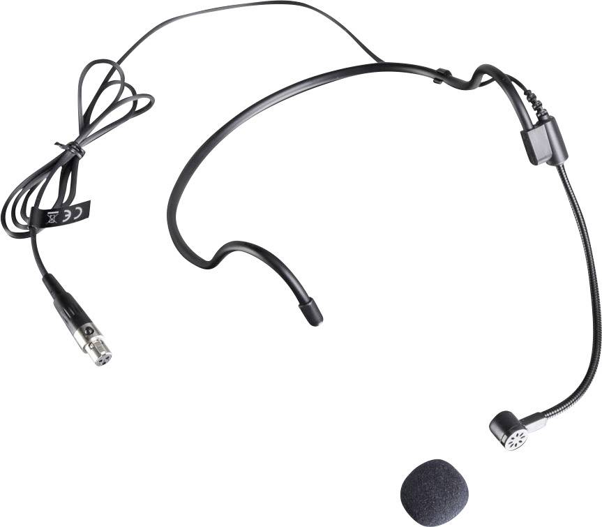 Thin, black headset microphone with a flexible boom and round foam cover, suitable for presentations or performances.