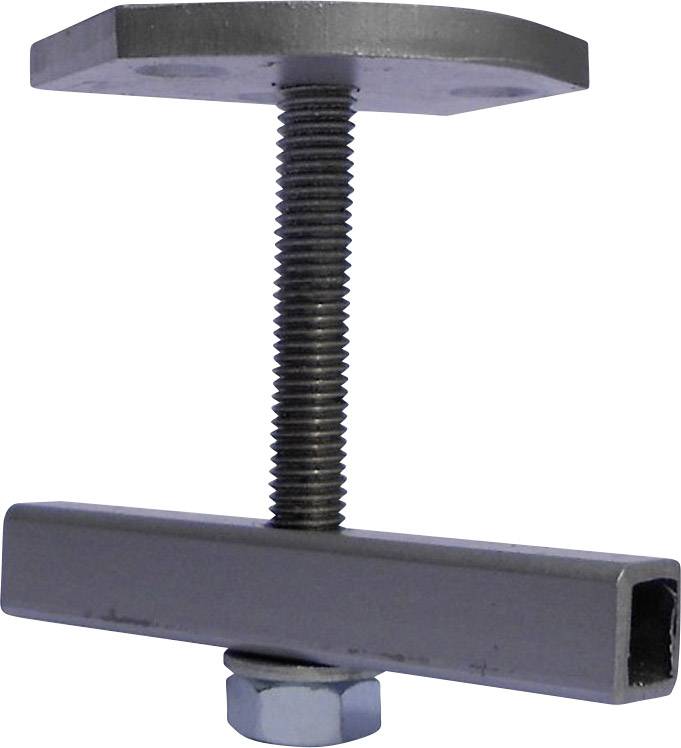 A metal component with a right-angled screw connection and a square base. Primarily used for fastening purposes.